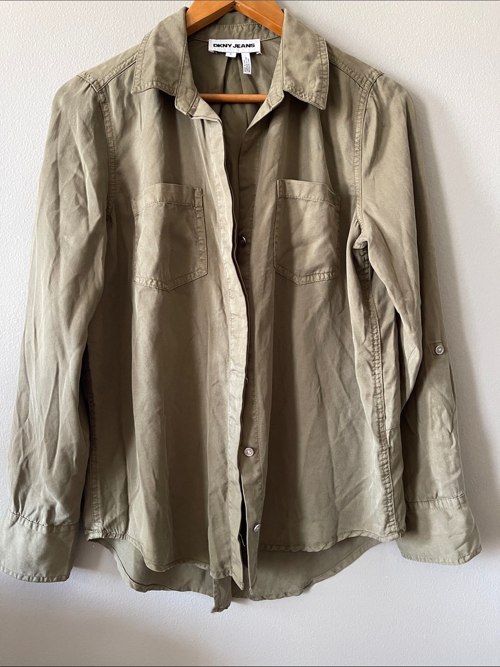 Olive Green Long-Sleeve Button-Down Military style Shirt